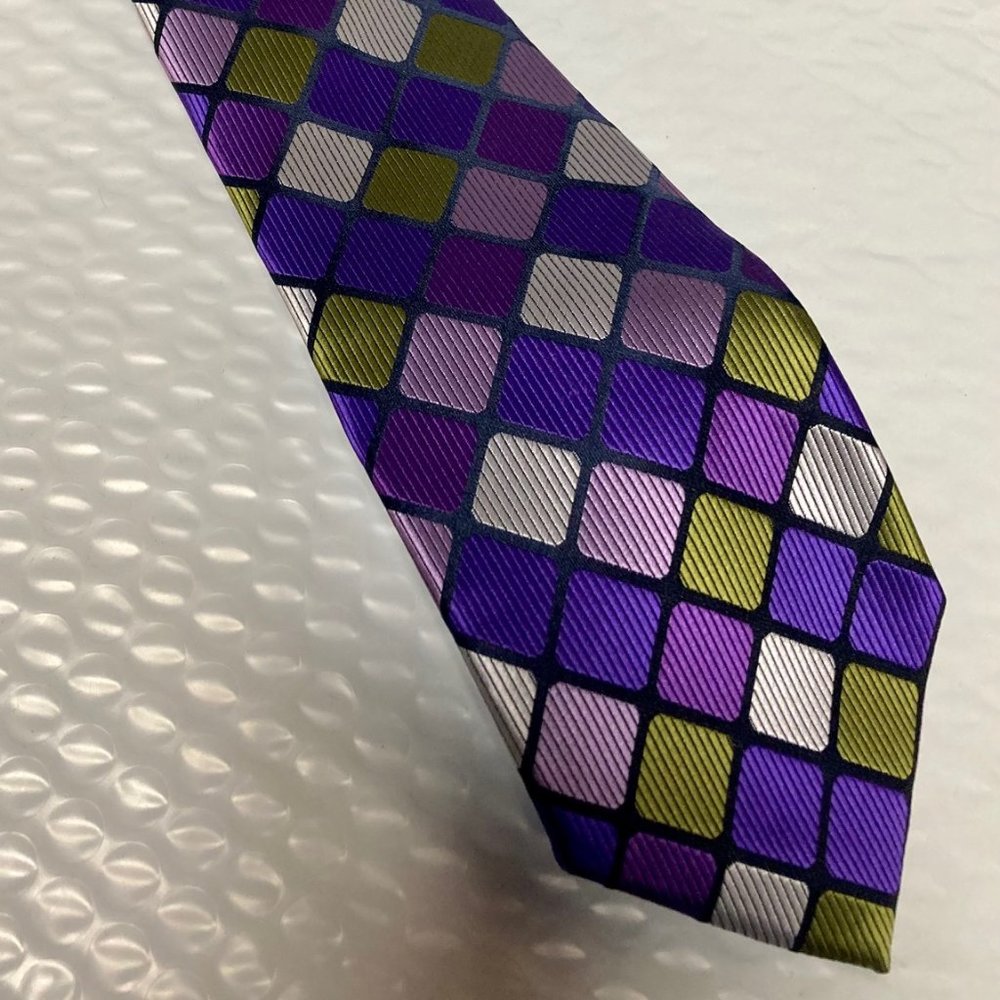 Twenty Dollar Tie, Hand Made, 100% Silk, 3.25x65, Purple/Gn/Bk